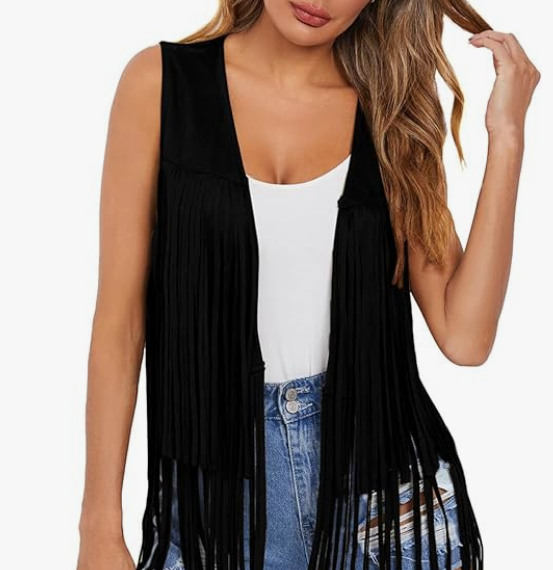Womens Fringe Vest 70s Hippie Costume Sleeveless Cowgirl Western Faux Suede Tassel Leather Outerwear
