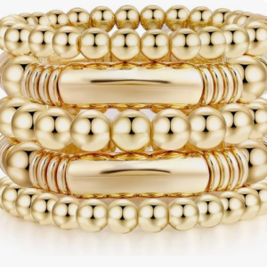 Gold Bangles Bracelet for Women Chunky Curved Stacking Plated Bead Ball Stretchable Bracelets
