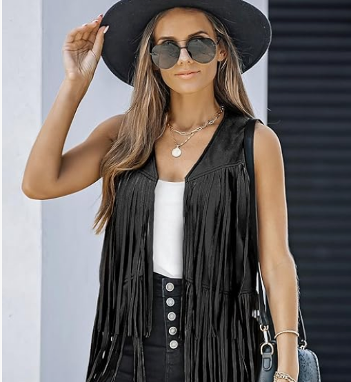 Womens Fringe Vest 70s Hippie Costume Sleeveless Cowgirl Western Faux Suede Tassel Leather Outerwear - Image 3