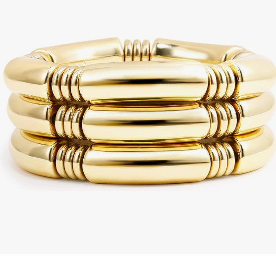 Gold Chunky Bangles Bracelets For Women 14k Gold Plated Stack Layered Curved Bamboo Tube Stretch Bracelets Gift Jewelry
