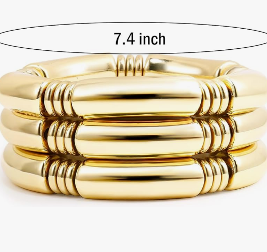 Gold Chunky Bangles Bracelets For Women 14k Gold Plated Stack Layered Curved Bamboo Tube Stretch Bracelets Gift Jewelry - Image 2