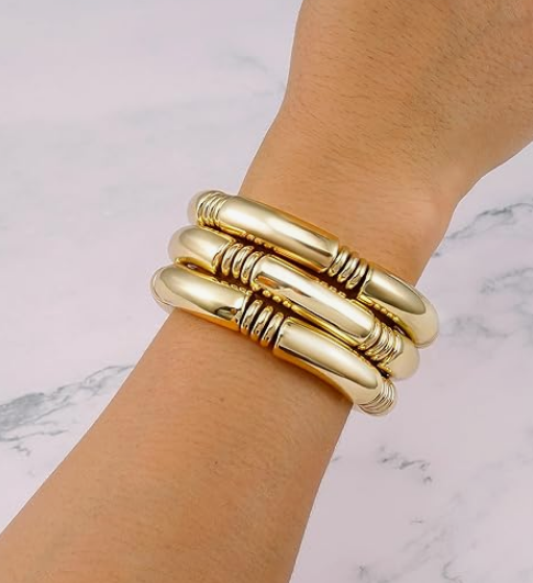 Gold Chunky Bangles Bracelets For Women 14k Gold Plated Stack Layered Curved Bamboo Tube Stretch Bracelets Gift Jewelry - Image 3