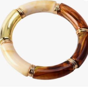 Simple Beaded Gold Bangles Bracelet Chunky Bamboo Tube Curved Stacking Clear Acrylic Colorful Beads Stretchable Gold Bracelets Set For Women