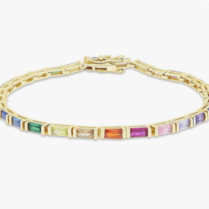 14k Gold Plated 925 Sterling Silver Colourful Bar Setting Rainbow Baguette Sparkling Multi Color Sapphire Gemstone Tennis Bracelet, Jewelry for womens