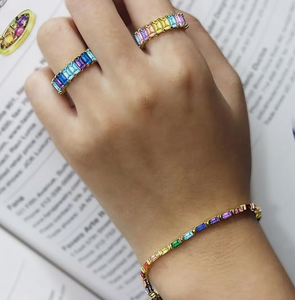 14k Gold Plated 925 Sterling Silver Colourful Bar Setting Rainbow Baguette Sparkling Multi Color Sapphire Gemstone Tennis Bracelet, Jewelry for womens - Image 3