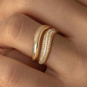 2 PCS Gold Rings for Women 14k Gold Plated Cubic Zirconia Ring Stackable Wave Dainty Eternity Band Fashion Rings Jewelry Size 5-10 Rings for Womens