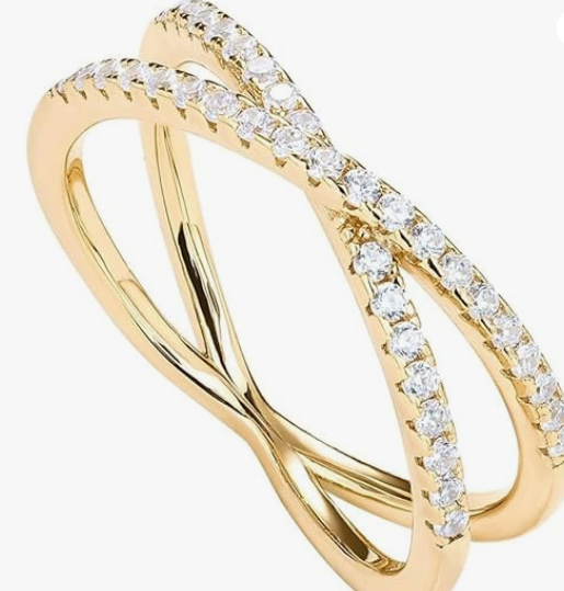 14K Gold Plated X Ring Simulated Diamond CZ Criss Cross Ring for Women