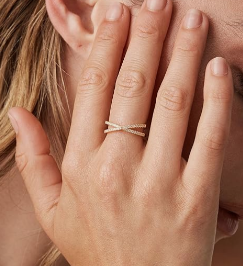 14K Gold Plated X Ring Simulated Diamond CZ Criss Cross Ring for Women - Image 2