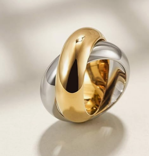 14K Gold Plated Double Rings Simulated Cocktail Rings for Women Tow-color Statement Rings Wide Bands Parallel Bar Ring for Men Shows your Personality - Image 2