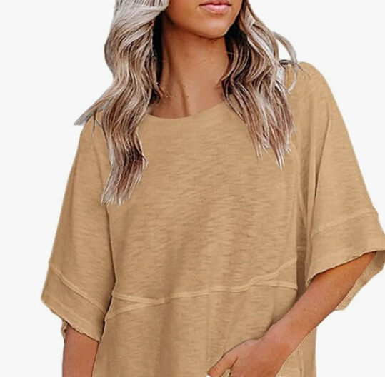 Womens Fashion T-Shirt Crewneck 3/4 Sleeves Solid Color Loose Basic Pullover Tops Summer Casual Tees Blouses