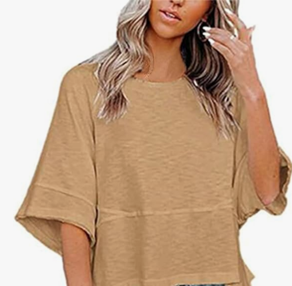 Womens Fashion T-Shirt Crewneck 3/4 Sleeves Solid Color Loose Basic Pullover Tops Summer Casual Tees Blouses - Image 2